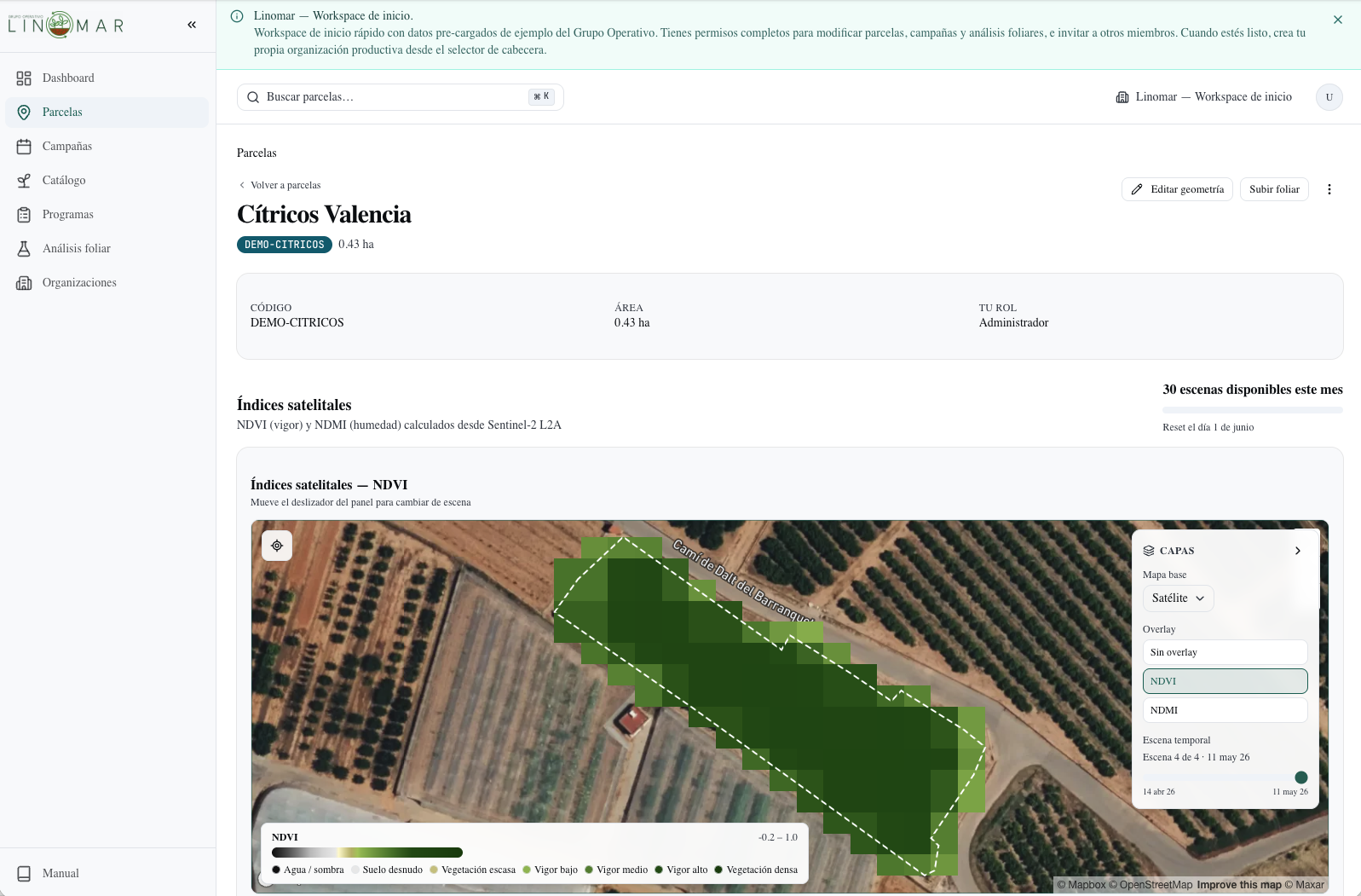 LinoMar DSS — mapa de índice NDVI sobre una parcela de cítricos en Valencia